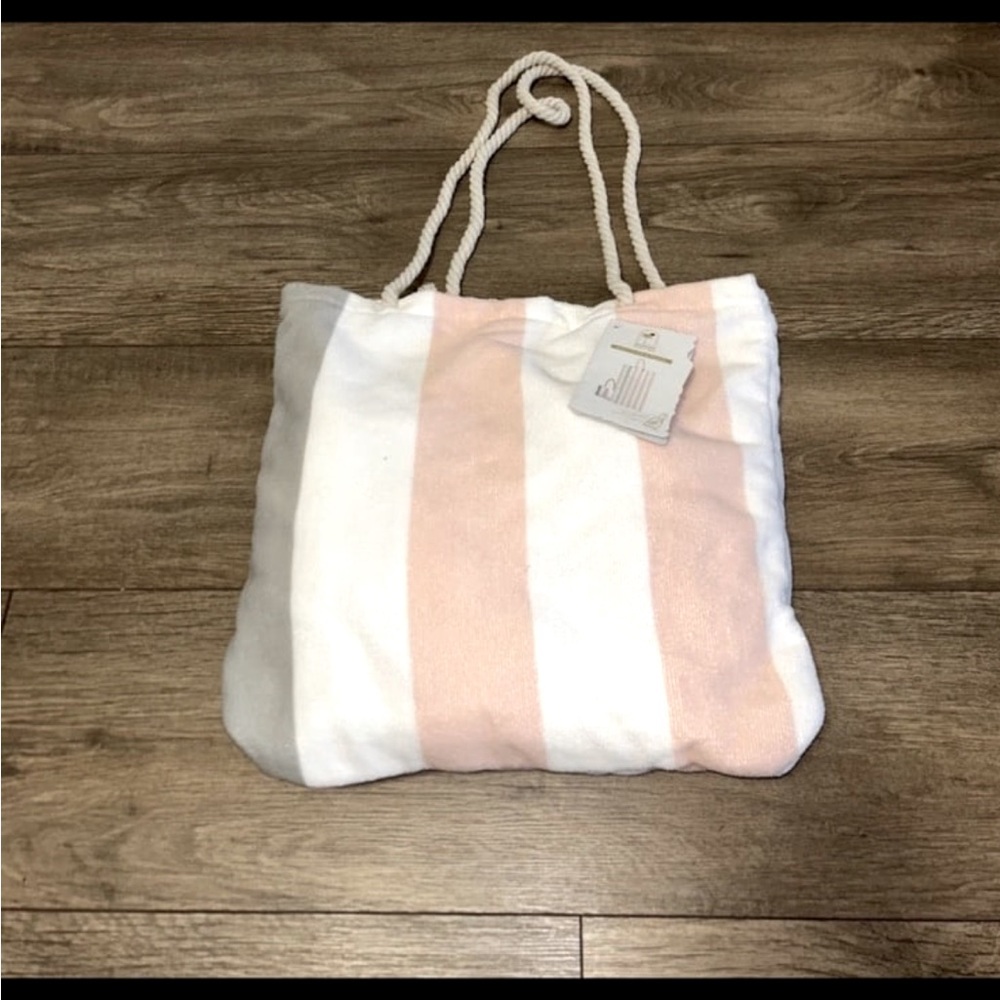 Striped Pink and White 2 in 1 Tote Bag Towel